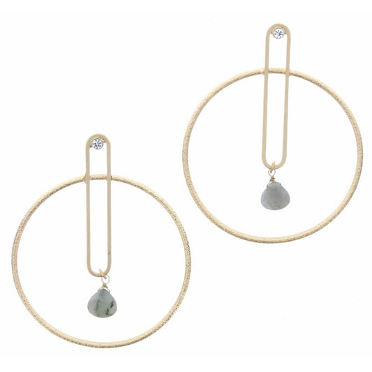 Gold Circular Rectangle with Clear Crystal & Labrodite Drop Inside Circle Earring