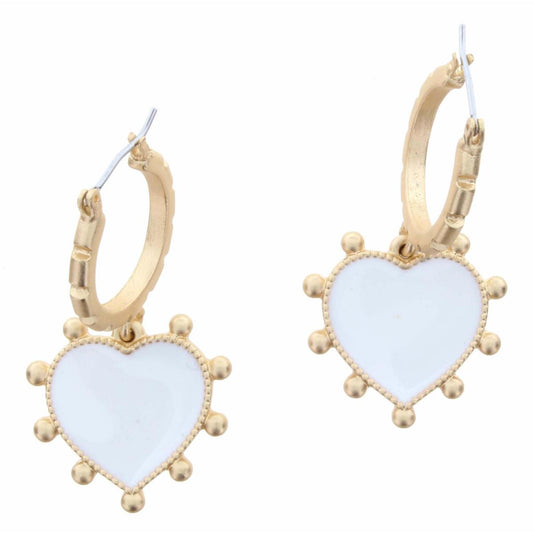 Small Gold Hoop with White Enamel Heart Earring