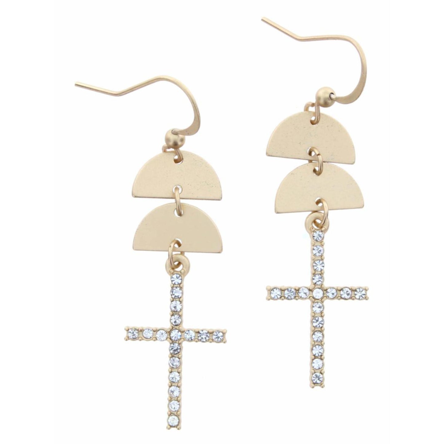 Gold Circle Halves with Clear Crystal Cross Dangle Earring