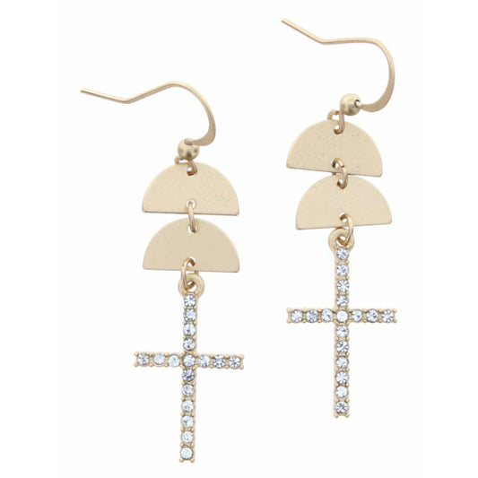 Gold Circle Halves with Clear Crystal Cross Dangle Earring