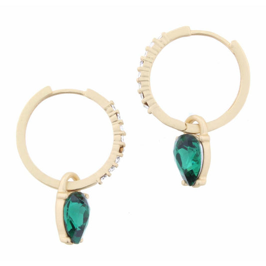 Gold Hoop with Clear Crystal Inlay with Emerald Crystal Teardrop Earring