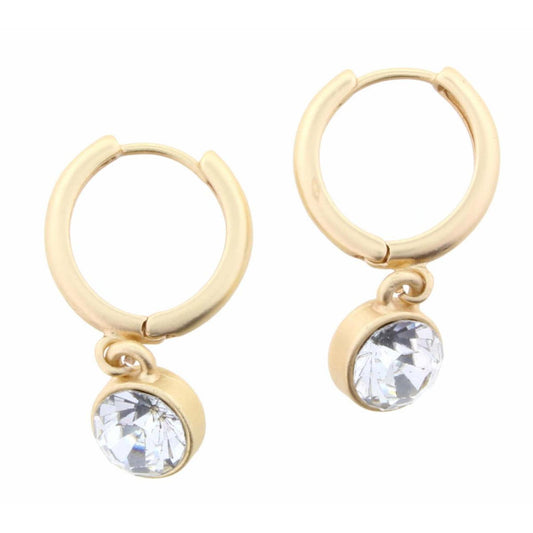 Gold Hoop Huggie with Circle Clear Crystal Dangle Earring