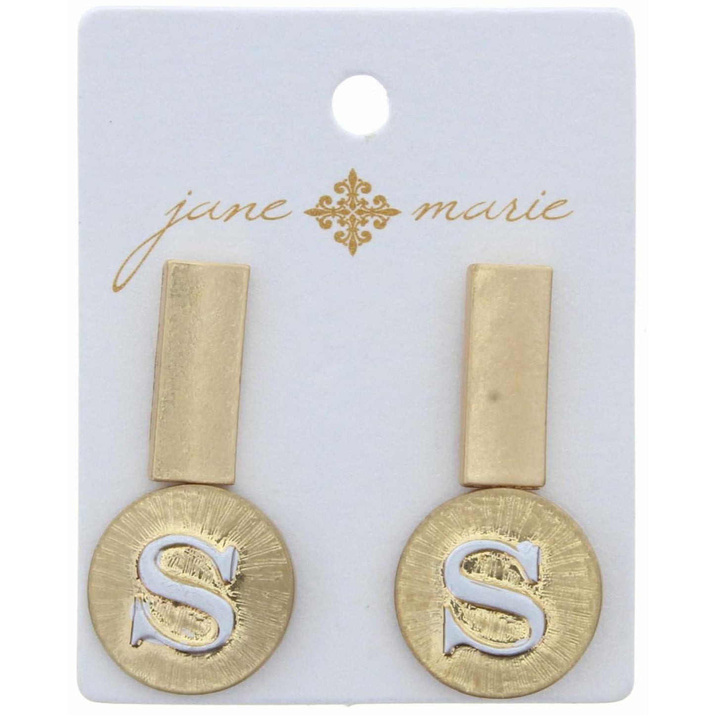 Stud "S" Initial Set, 2-Tone Disc Initial and Gold Rectangle Earring