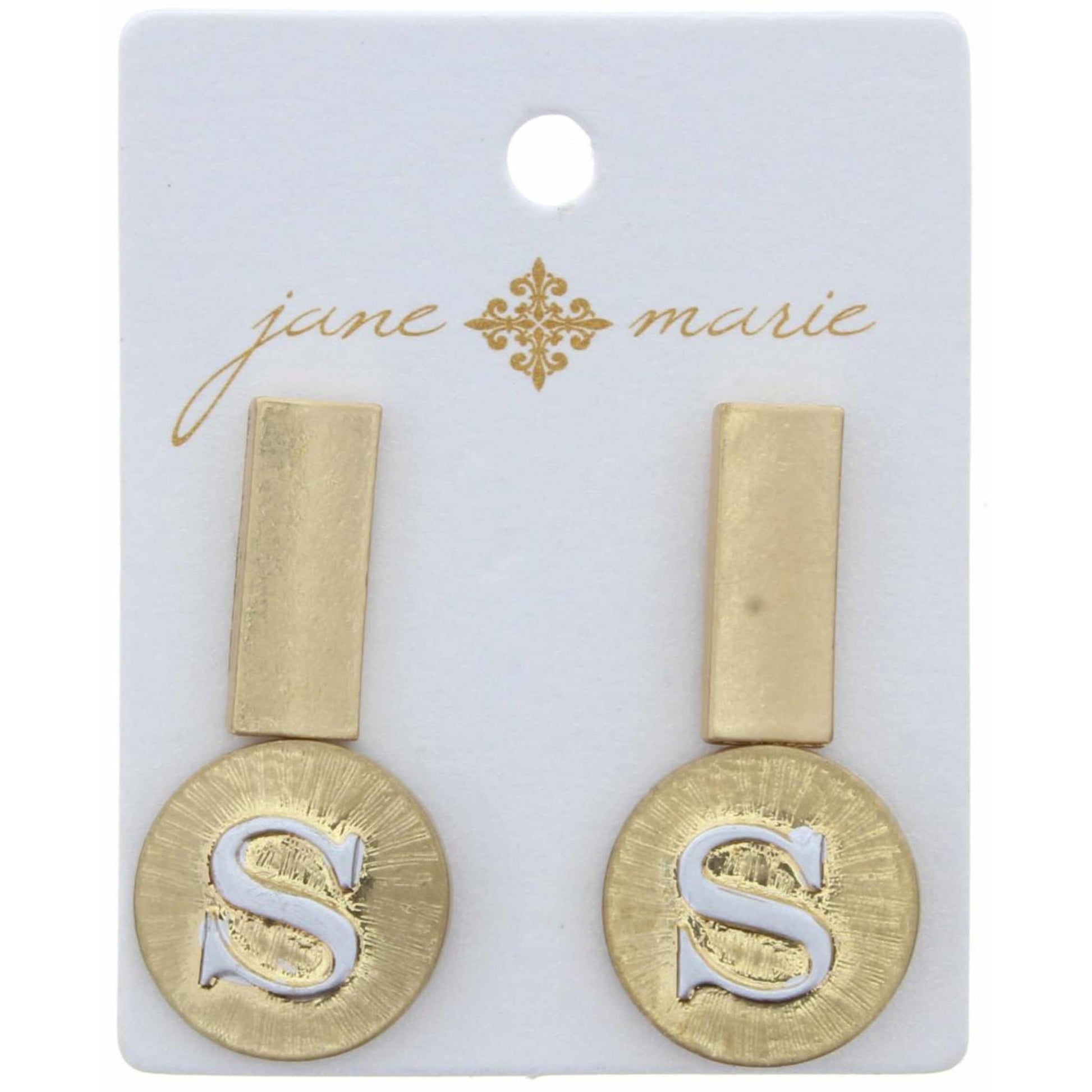 Stud "S" Initial Set, 2-Tone Disc Initial and Gold Rectangle Earring