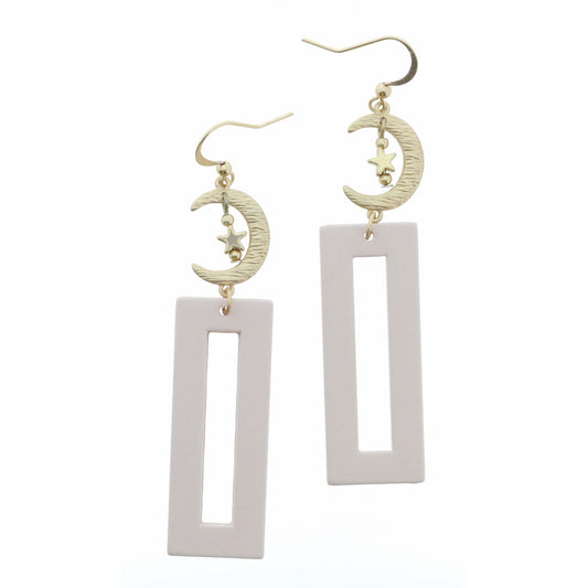 Gold Moon with Star Accent & Muted Pink Open Rectangle Earring
