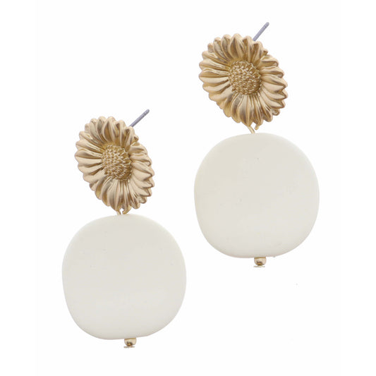 Gold Sunflower Post with Ivory Circle Earring