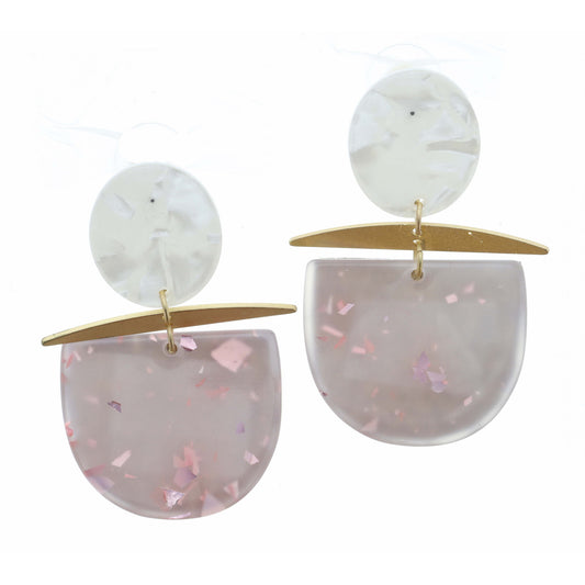 White Resin Oval, Gold, Clear with Pink Foil Accent Half Circle Earring