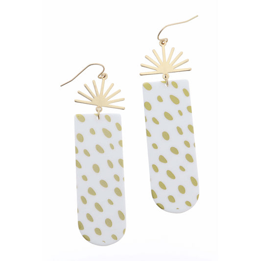 Gold Sun Burst with White Rounded Rectangle with Gold Spots Earring