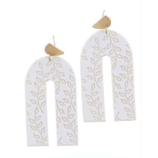 Gold Half Circle Post with White Clay Arch with Gold Leaf Design Earring