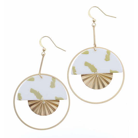 Gold Bar Drop, Half White Circle and Gold Dots with Gold Fan Charm Earring