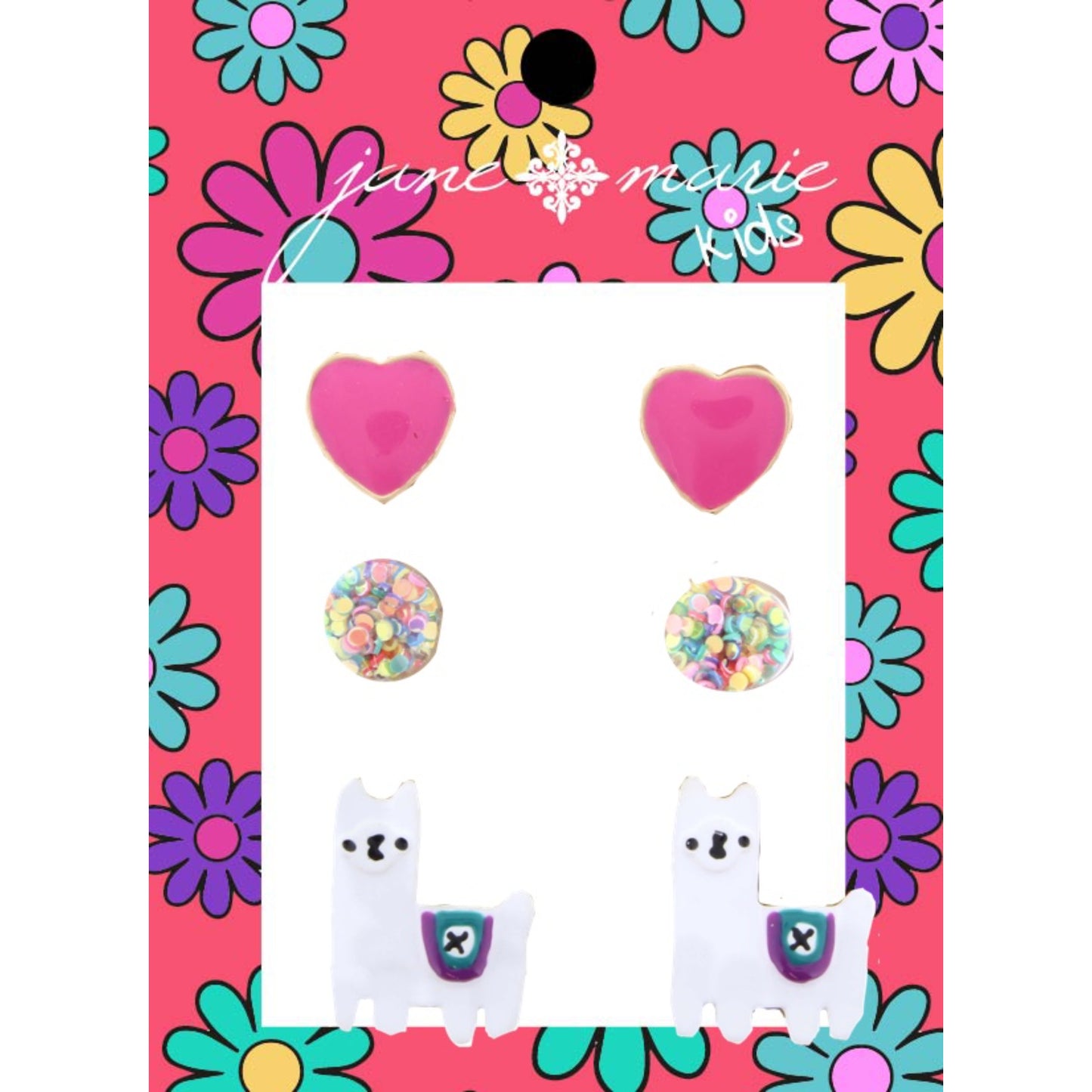 Kids Pink Heart, Multi Glitter Globe, White Llama Earring