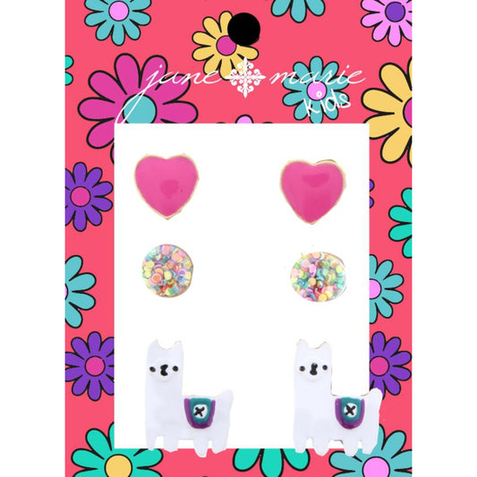 Kids Pink Heart, Multi Glitter Globe, White Llama Earring