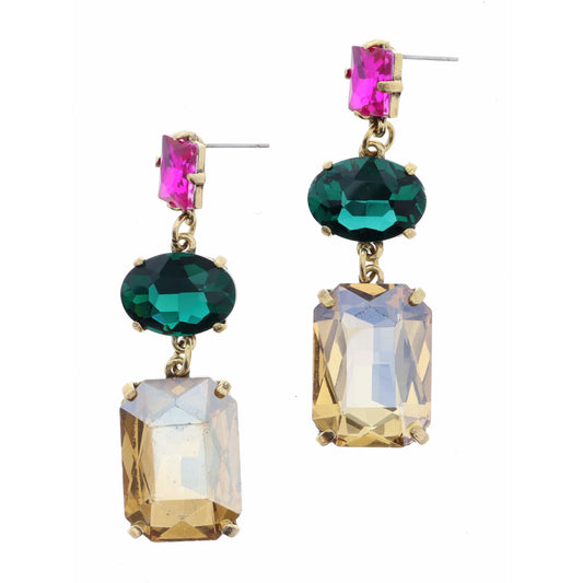 Hot Pink Square, Emerald Oval, Champagne Rectangle Crystals Earring
