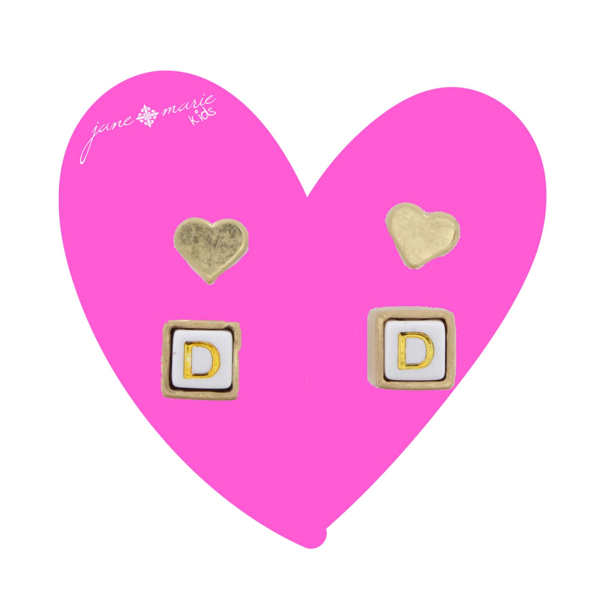 Kids Gold Heart Stud, White Encased Block with "D" Initial Earring
