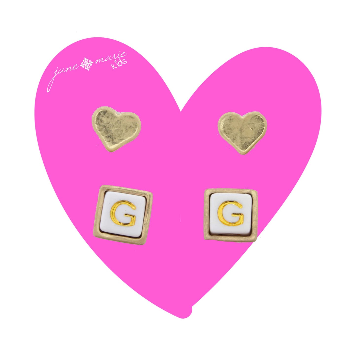 Kids Gold Heart Stud, White Encased Block with "G" Initial Earring