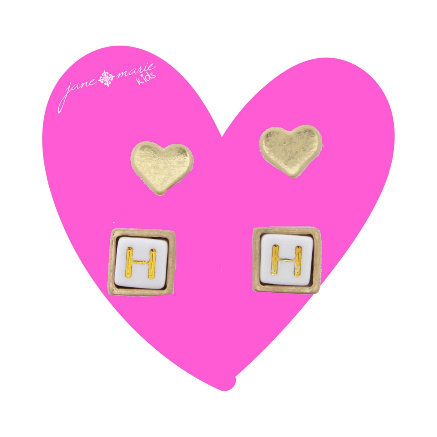 Kids Gold Heart Stud, White Encased Block with "H" Initial Earring