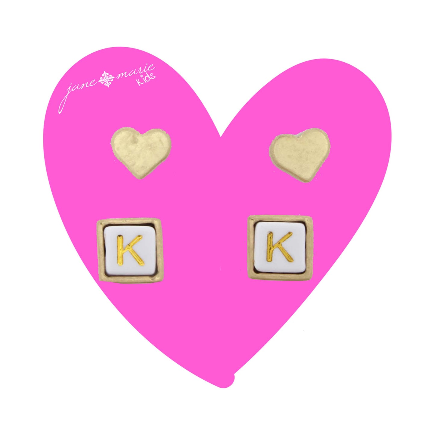 Kids Gold Heart Stud, White Encased Block with "K" Initial Earring