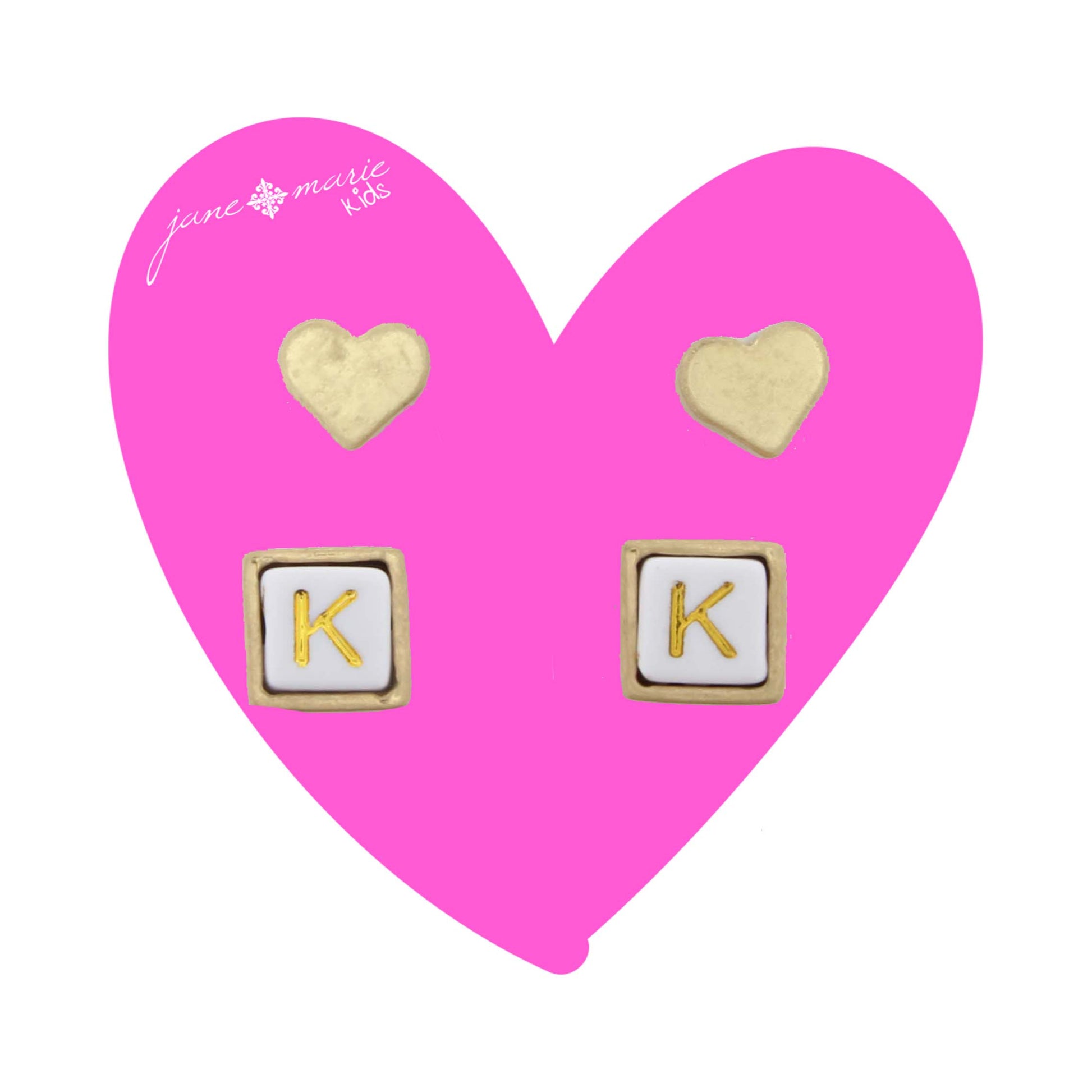 Kids Gold Heart Stud, White Encased Block with "K" Initial Earring