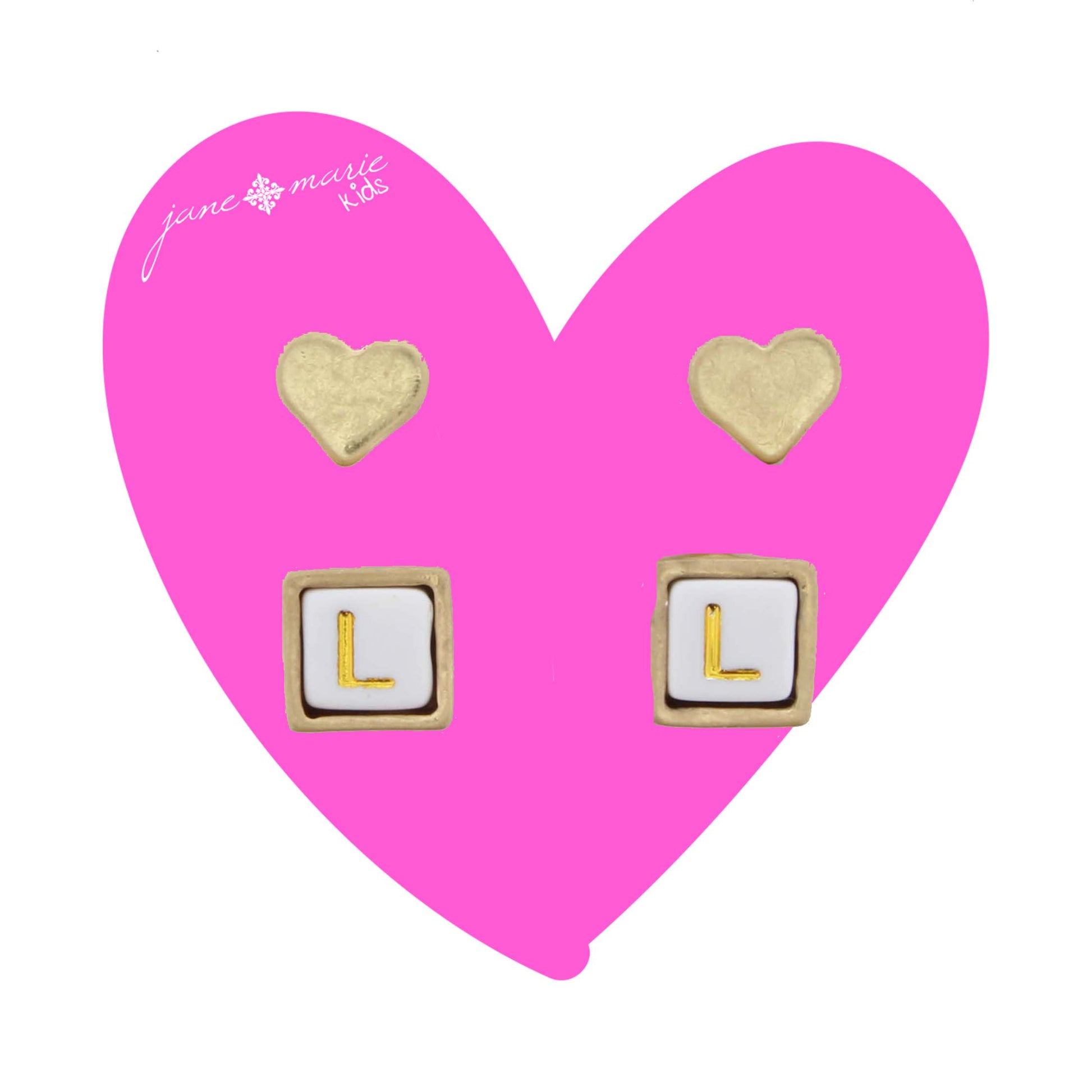 Kids Gold Heart Stud, White Encased Block with "L" Initial Earring