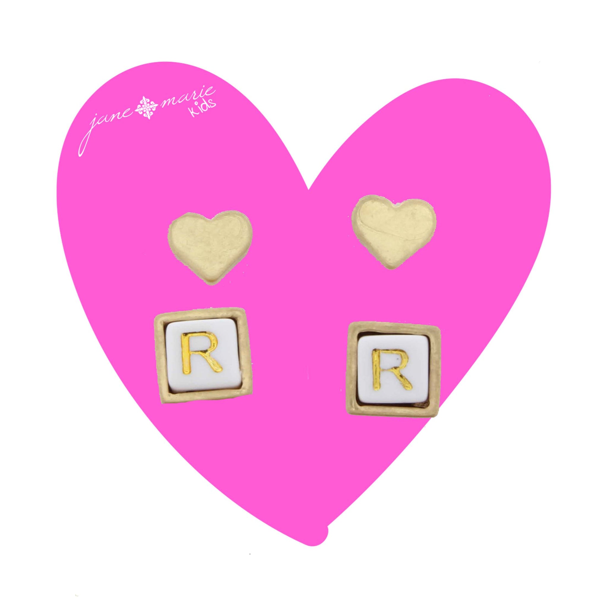 Kids Gold Heart Stud, White Encased Block with "R" Initial Earring