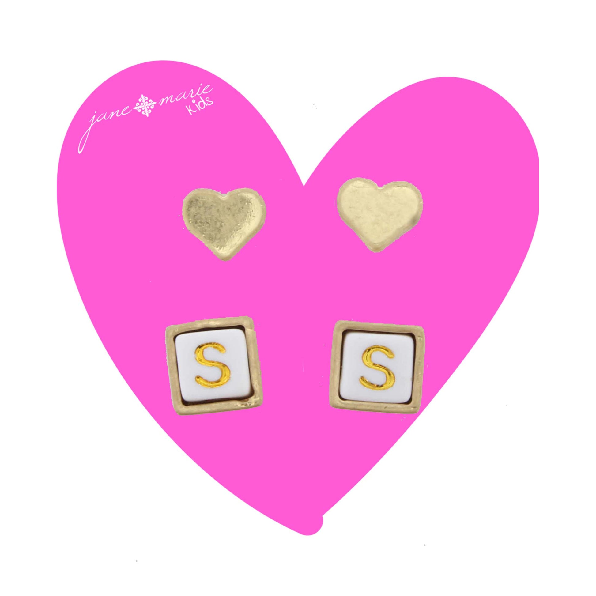 Kids Gold Heart Stud, White Encased Block with "S" Initial Earring