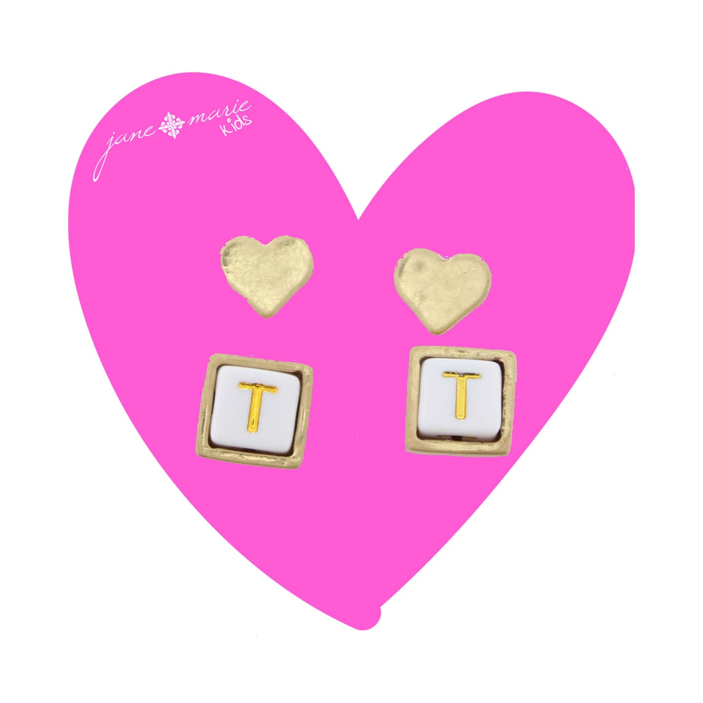 Kids Gold Heart Stud, White Encased Block with "T" Initial Earring