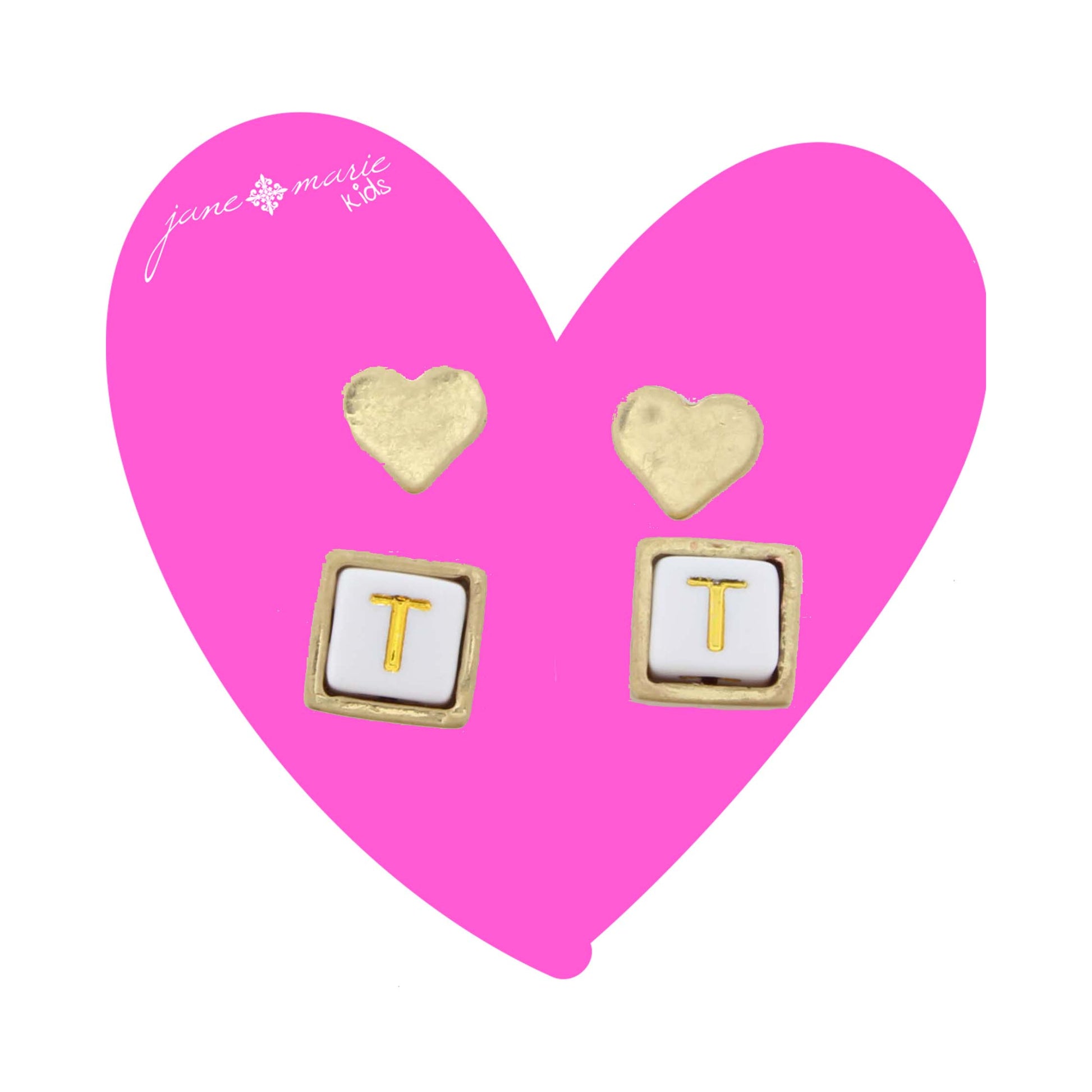 Kids Gold Heart Stud, White Encased Block with "T" Initial Earring