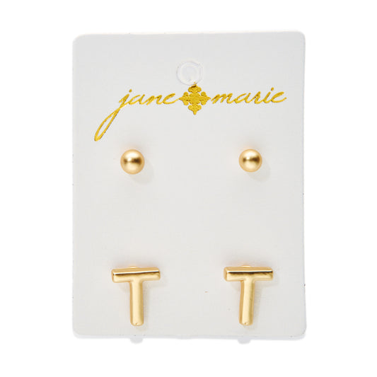 2 Stud, Block "T" Initial Earring