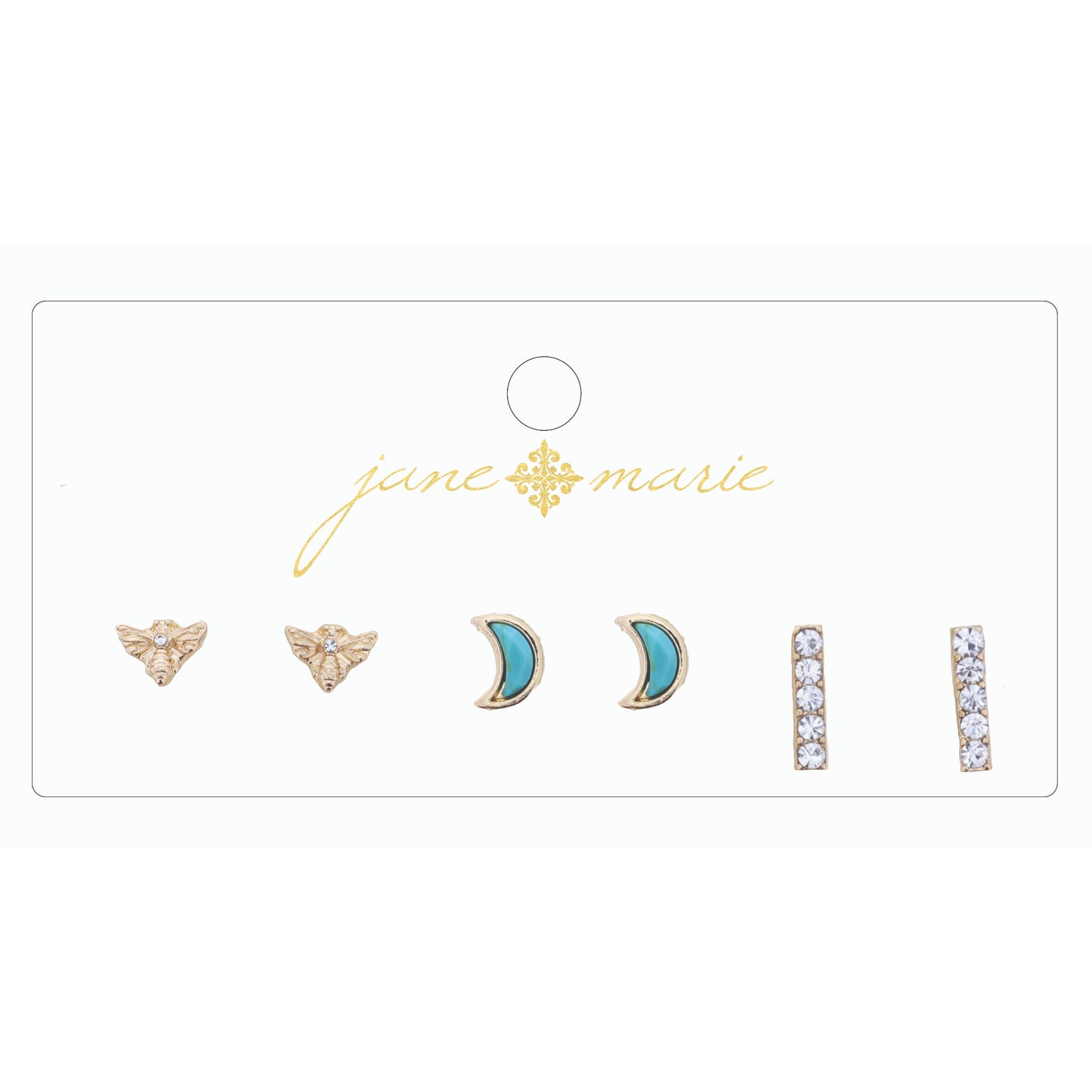 3 Stud, Turquoise Moon, Rhinestone Bar, and Bee Earring