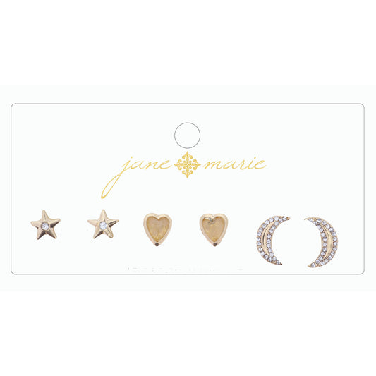 3 Stud, Natural Heart, Rhinestone Moon, and Star Earring
