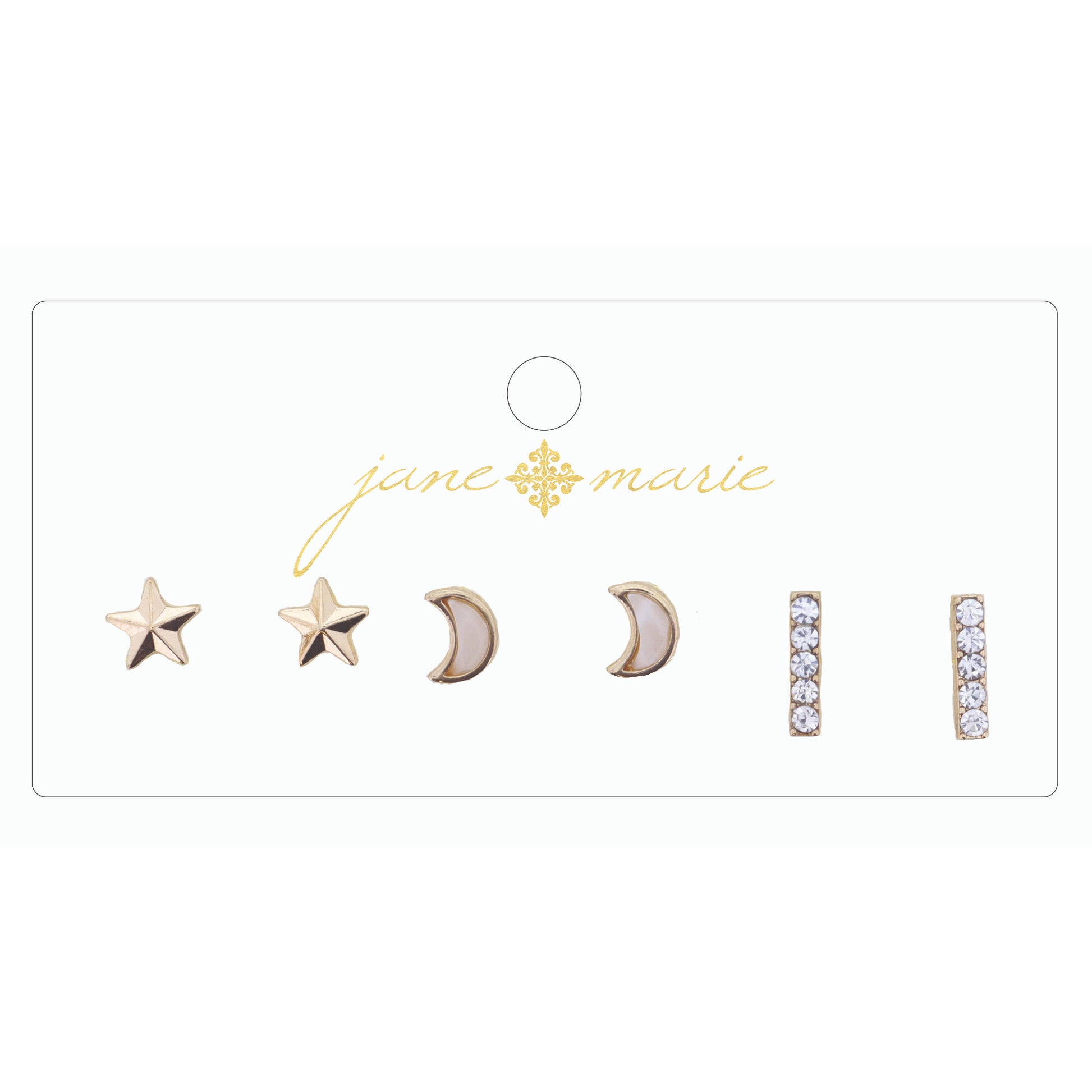 3 Stud, Ivory Moon, Rhinestone Bar, and Star Earring