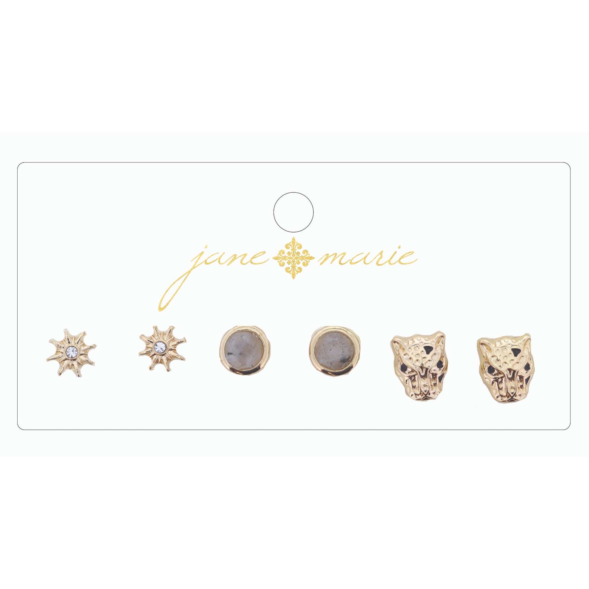3 Stud, Labradorite Circle, Jaguar Head, and Star Earring