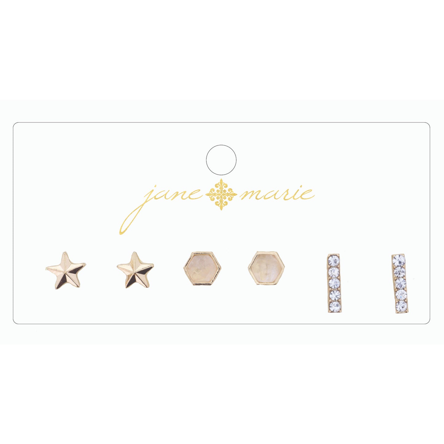 3 Stud, Clear Hexagon, Rhinestone Bar, and Star Earring