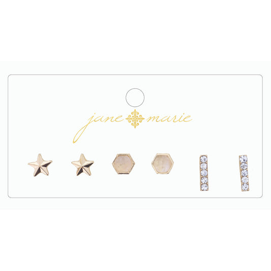 3 Stud, Clear Hexagon, Rhinestone Bar, and Star Earring