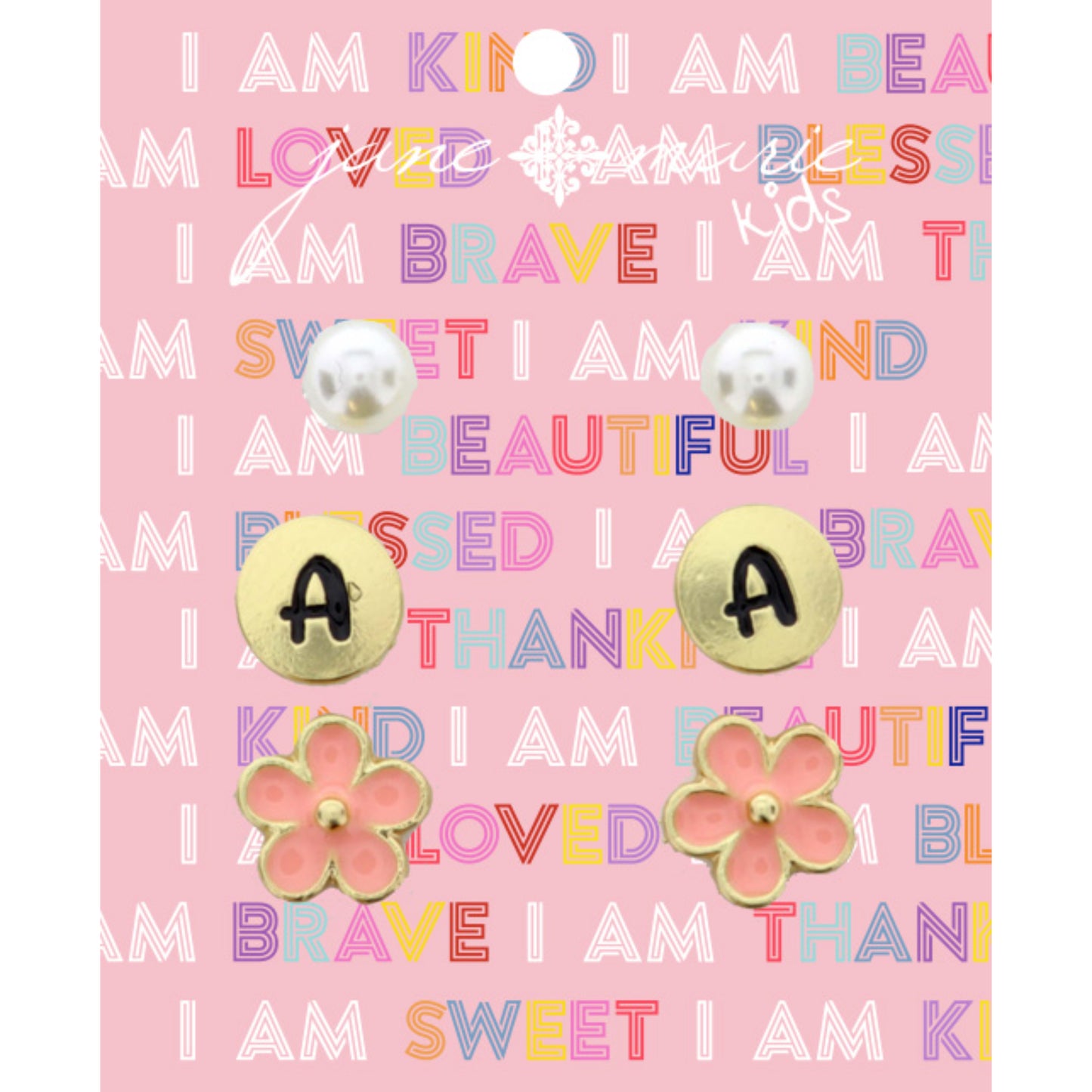 Kids 3 Stud "A" Initial Disc, Pearl, & Pink Flower Earring
