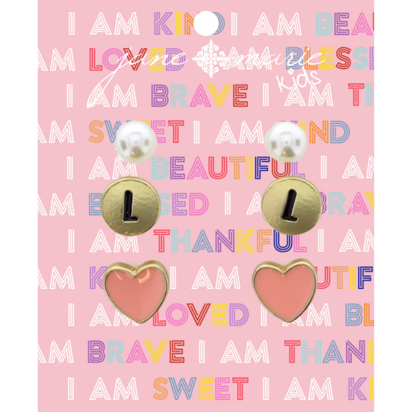 Kids 3 Stud "L" Initial Disc, Pearl, & Pink Heart Earring