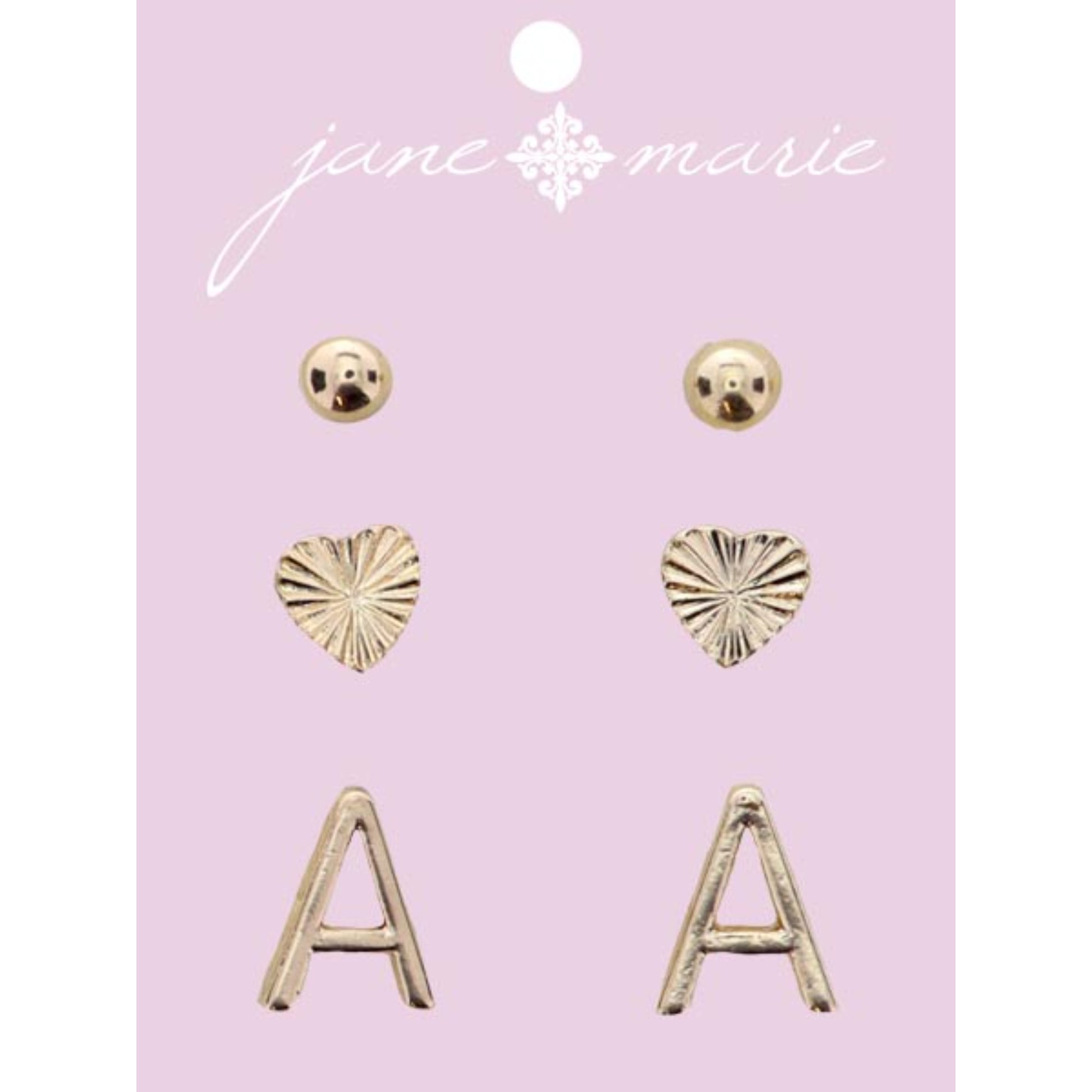 3 Stud, Gold "A" Initial, Gold Heart, and Gold Bead Earring