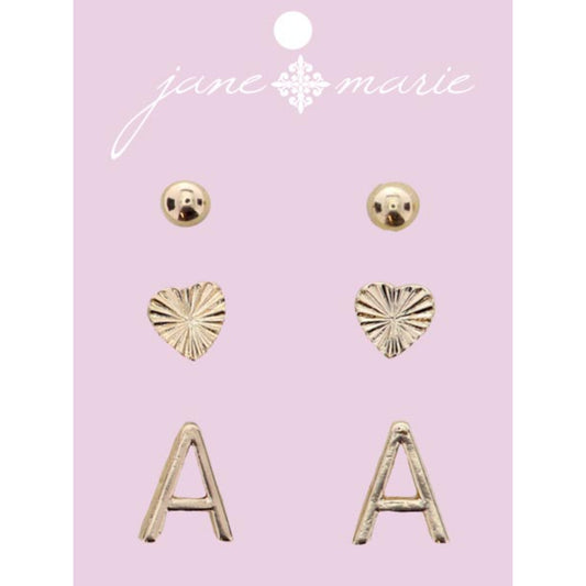 3 Stud, Gold "A" Initial, Gold Heart, and Gold Bead Earring