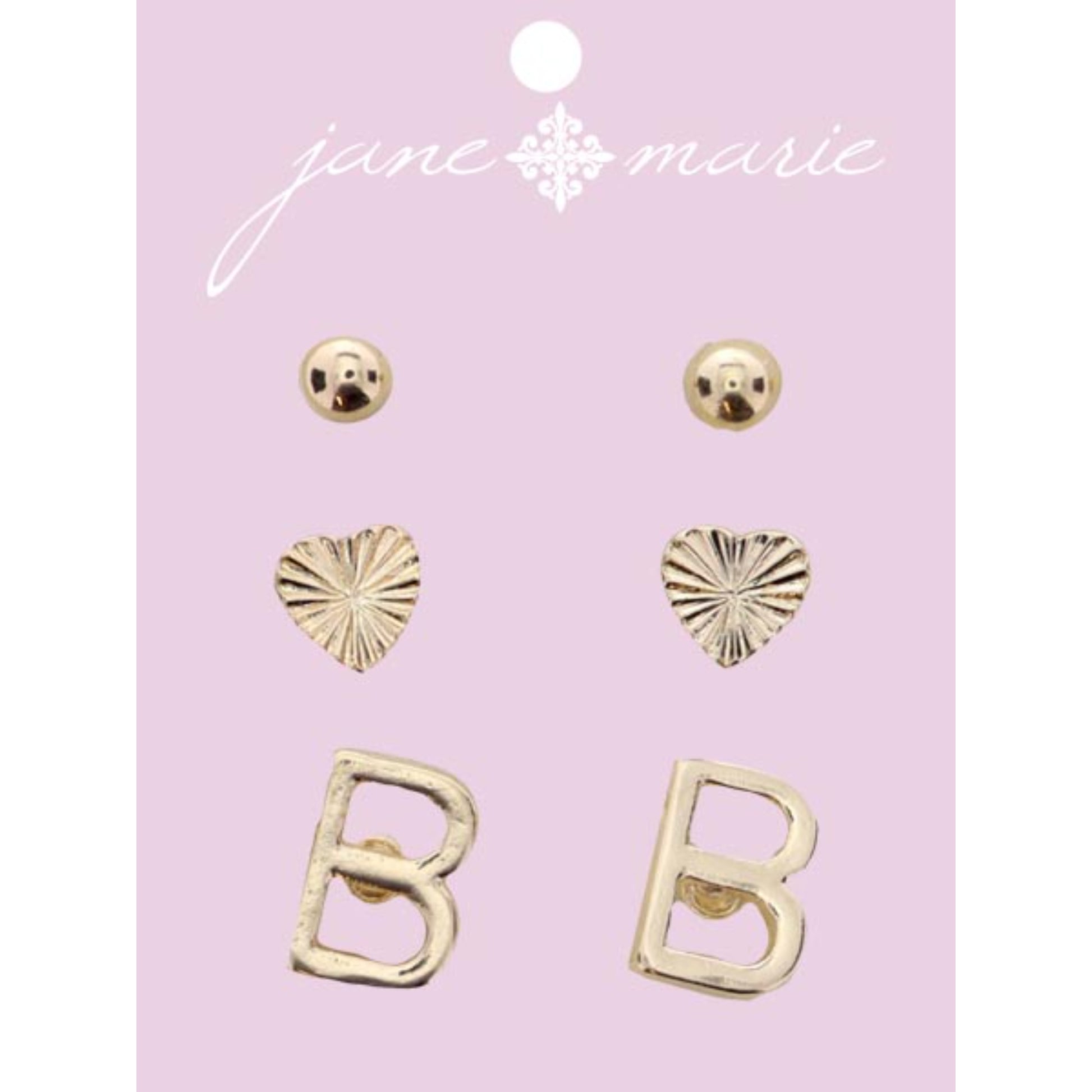 3 Stud, Gold "B" Initial, Gold Heart, and Gold Bead Earring