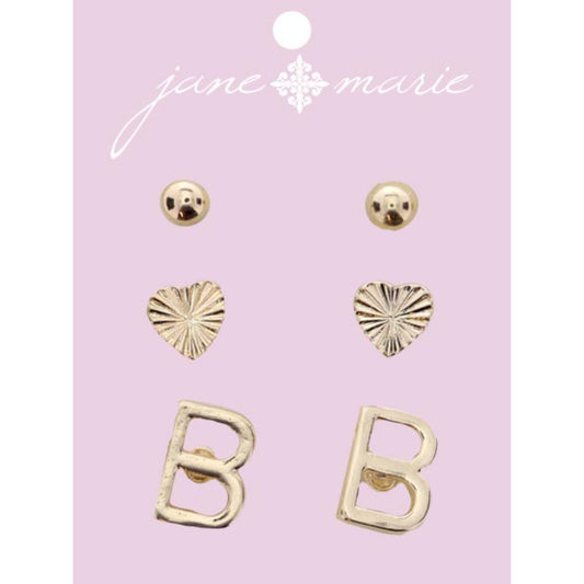 3 Stud, Gold "B" Initial, Gold Heart, and Gold Bead Earring