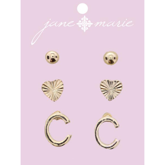 3 Stud, Gold "C" Initial, Gold Heart, and Gold Bead Earring