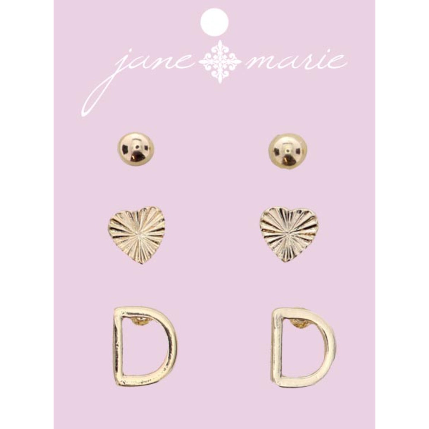 3 Stud, Gold "D" Initial, Gold Heart, and Gold Bead Earring