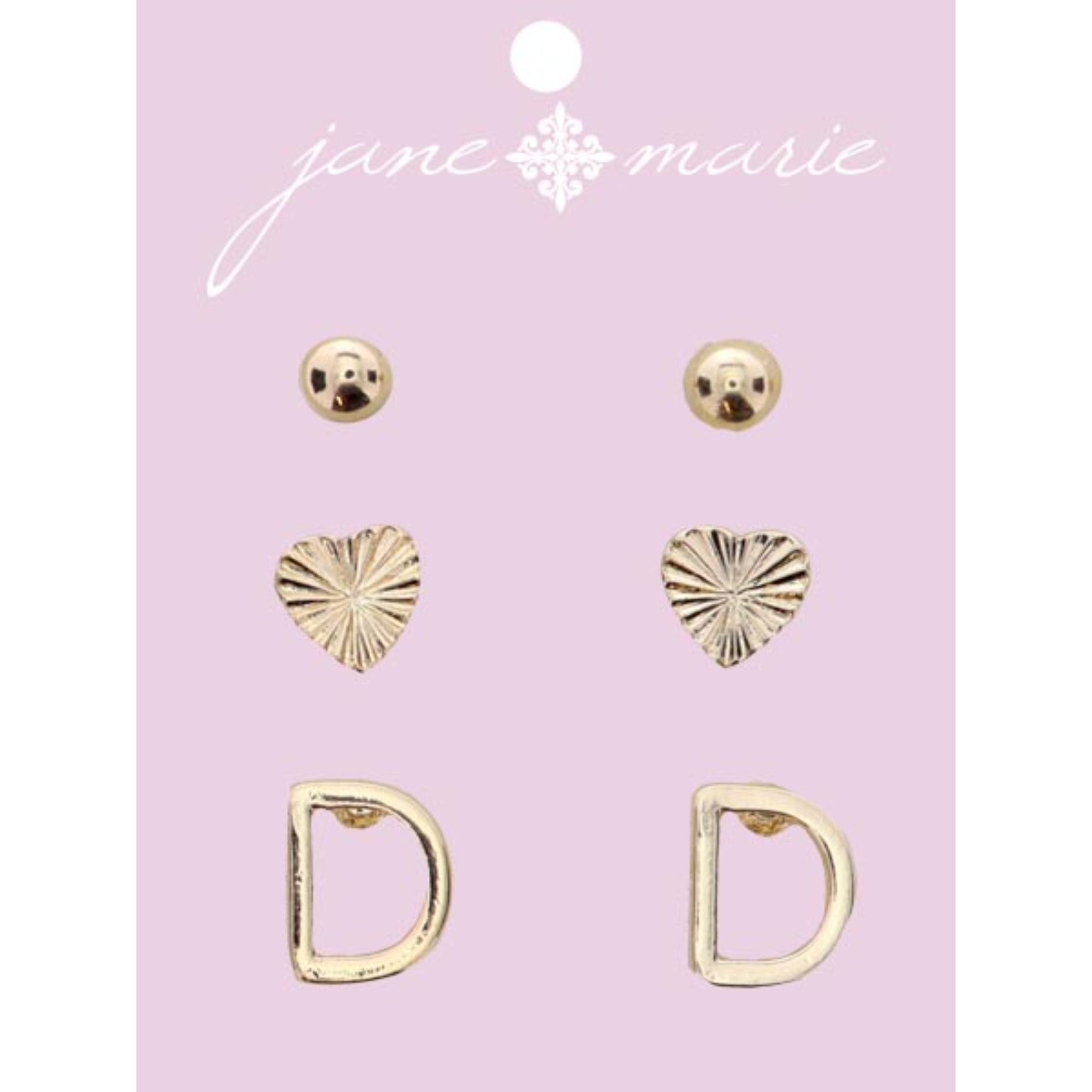 3 Stud, Gold "D" Initial, Gold Heart, and Gold Bead Earring