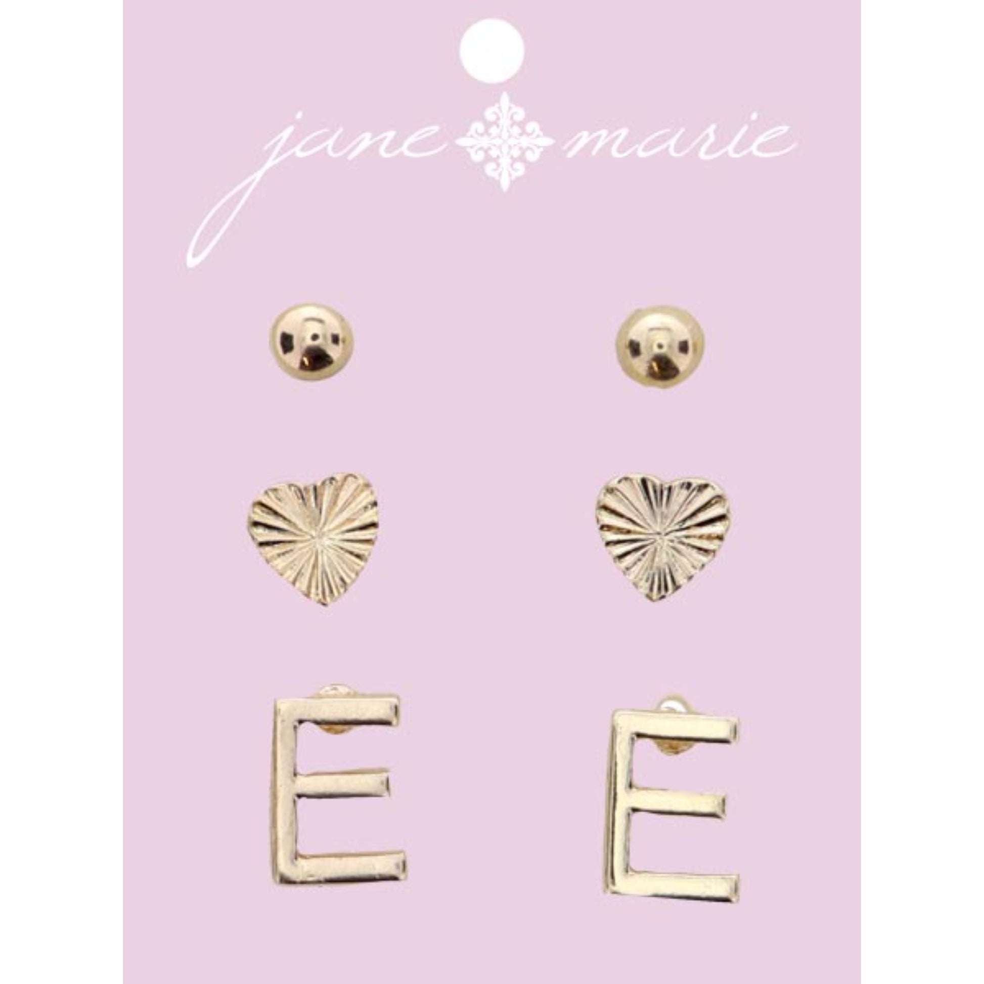 3 Stud, Gold "E" Initial, Gold Heart, and Gold Bead Earring