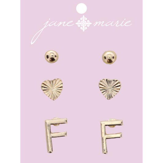 3 Stud, Gold "F" Initial, Gold Heart, and Gold Bead Earring