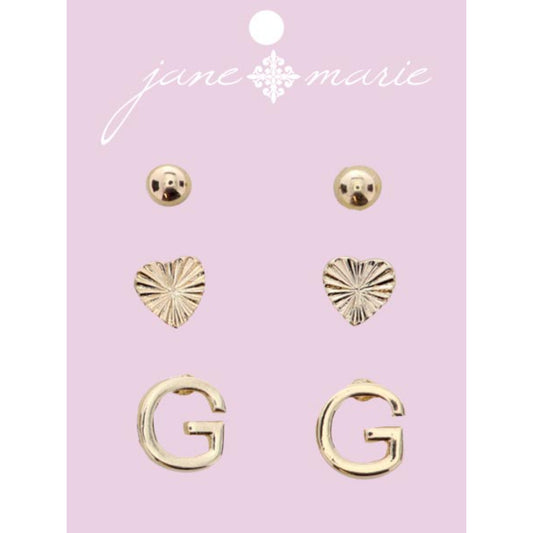 3 Stud, Gold "G" Initial, Gold Heart, and Gold Bead Earring