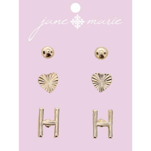 3 Stud, Gold "H" Initial, Gold Heart, and Gold Bead Earring