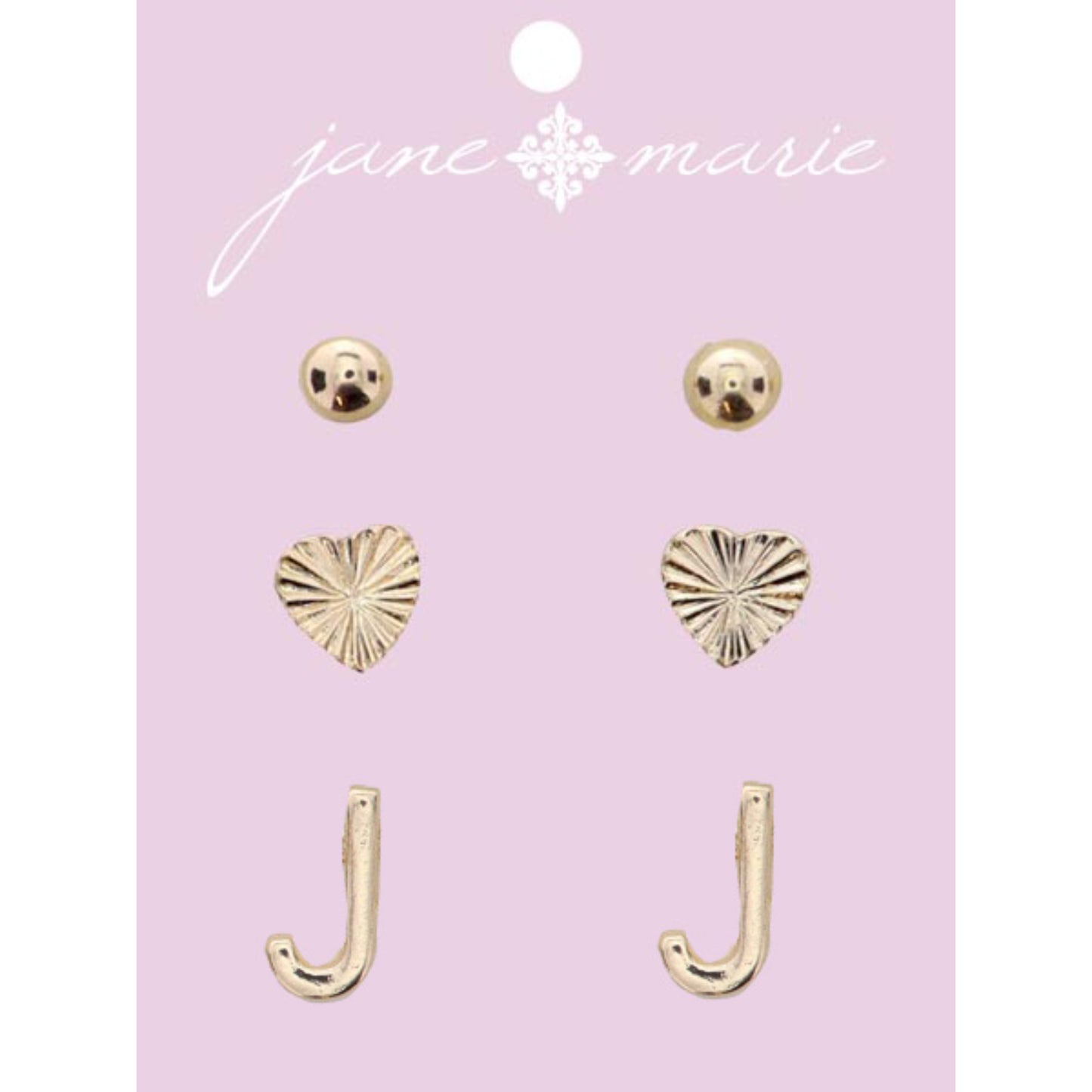 3 Stud, Gold "J" Initial, Gold Heart, and Gold Bead Earring