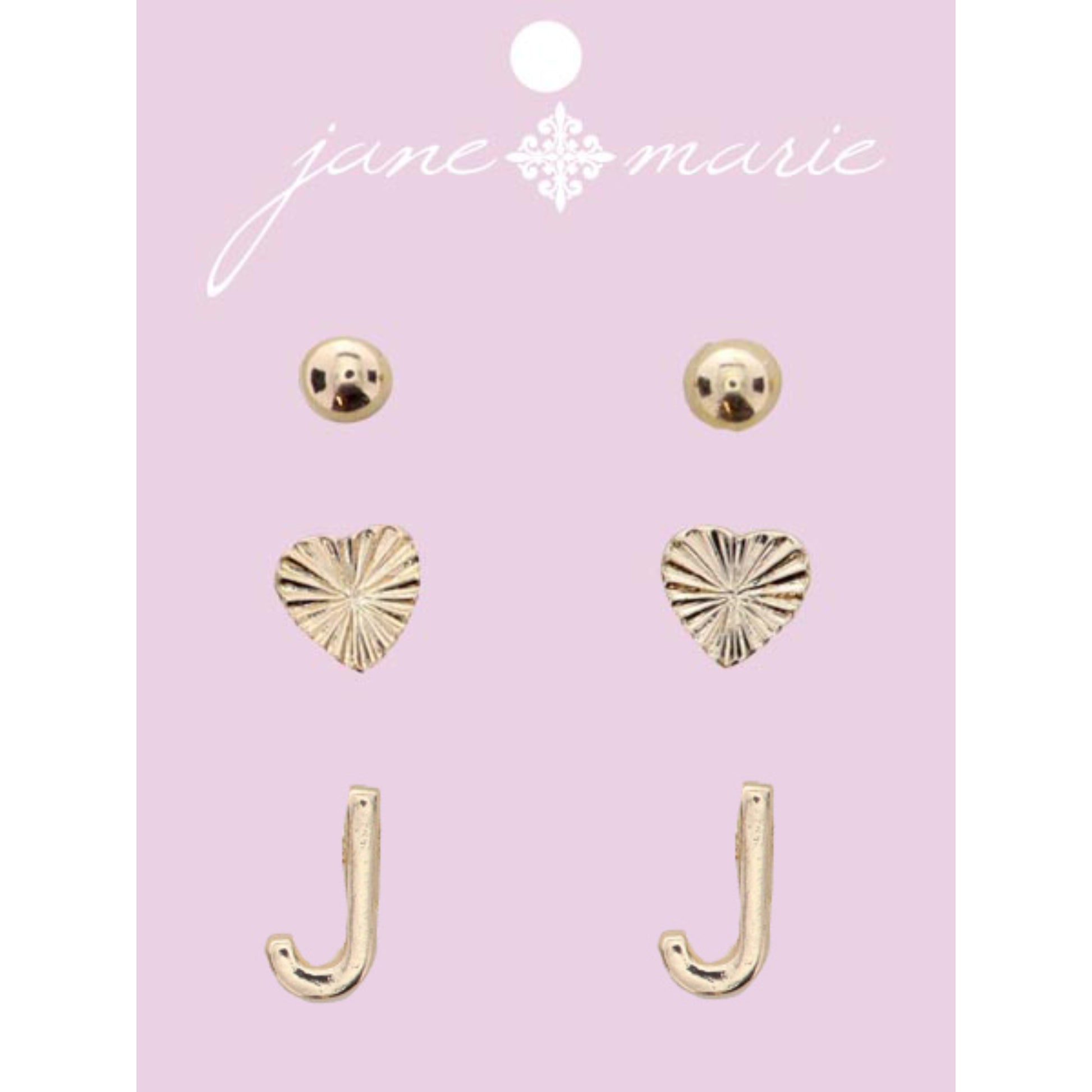 3 Stud, Gold "J" Initial, Gold Heart, and Gold Bead Earring