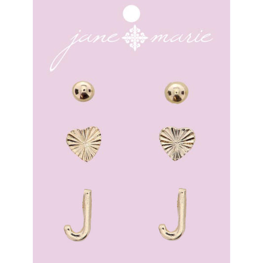 3 Stud, Gold "J" Initial, Gold Heart, and Gold Bead Earring